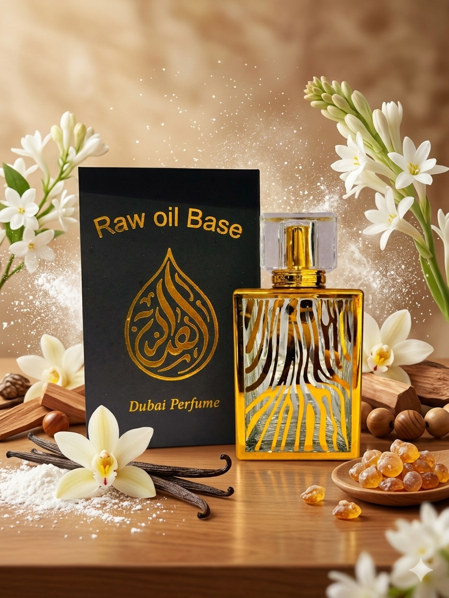 Dubai Perfume Raw Oil Base packaging with a gold and black design, surrounded by flowers and vanilla beans on a wooden surface.